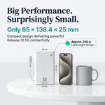 Saurian X62 shown next to a smartphone and coffee mug for scale, with dimensions labeled 85 by 138.4 by 25 millimeters and weight approximately 240 grams.