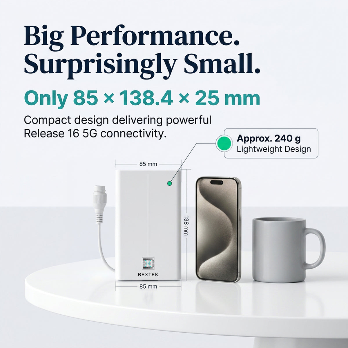Saurian X62 shown next to a smartphone and coffee mug for scale, with dimensions labeled 85 by 138.4 by 25 millimeters and weight approximately 240 grams.