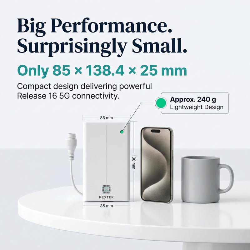 Saurian X62 shown next to a smartphone and coffee mug for scale, with dimensions labeled 85 by 138.4 by 25 millimeters and weight approximately 240 grams.