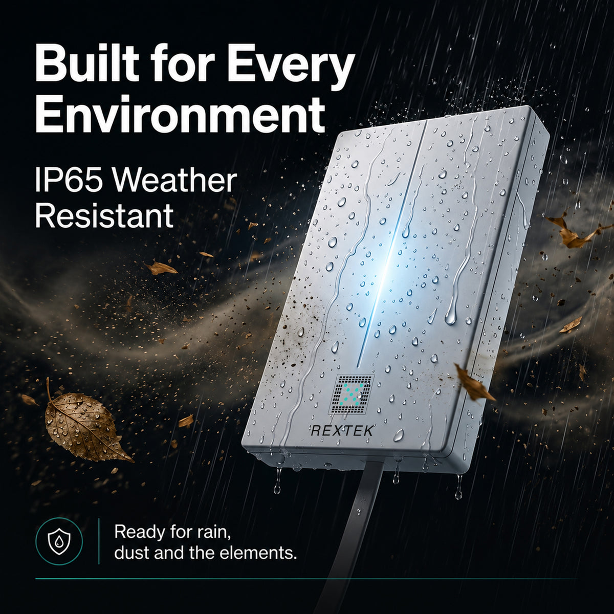 Saurian X62 outdoors in the rain with water droplets on its casing, illustrating its IP65 weather-resistant rating.