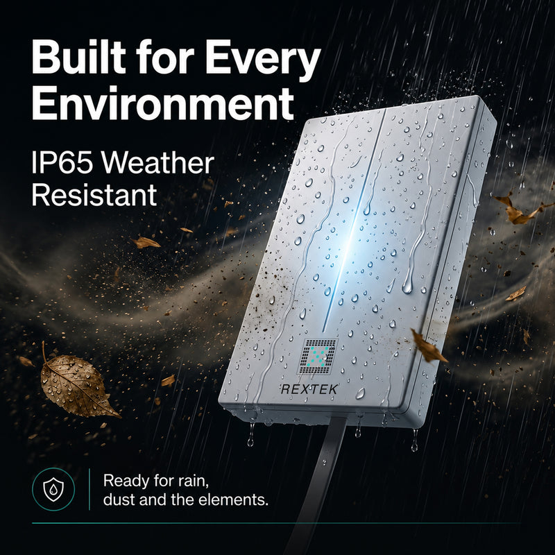 Saurian X62 outdoors in the rain with water droplets on its casing, illustrating its IP65 weather-resistant rating.