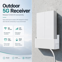 Saurian X62 mounted on an exterior concrete wall, labeled with 5G SA and NSA support, LTE compatibility, PoE power, and IP65 rating.