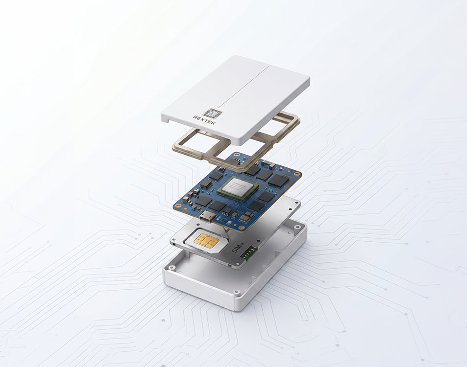 Exploded view of the Saurian X62 showing its internal layers: outer casing, circuit board with SIM card slot, and processor chip, against a white background with a printed circuit pattern.