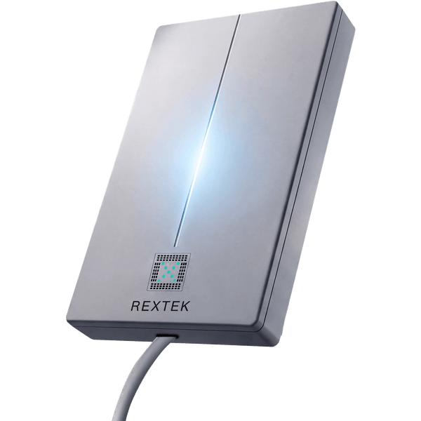 Saurian X62 outdoor 5G modem, angled view, silver metal casing with a glowing blue vertical light strip down the center, REXTEK logo and wordmark on the front panel, gray Ethernet cable connected at the base.