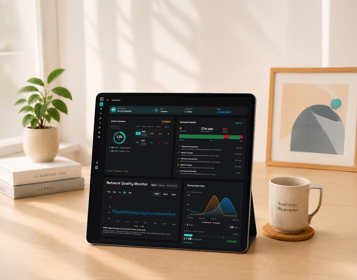 Tablet displaying the RexTek Management Suite dashboard with signal strength graphs and network status panels, placed on a wooden desk beside a plant and framed artwork.